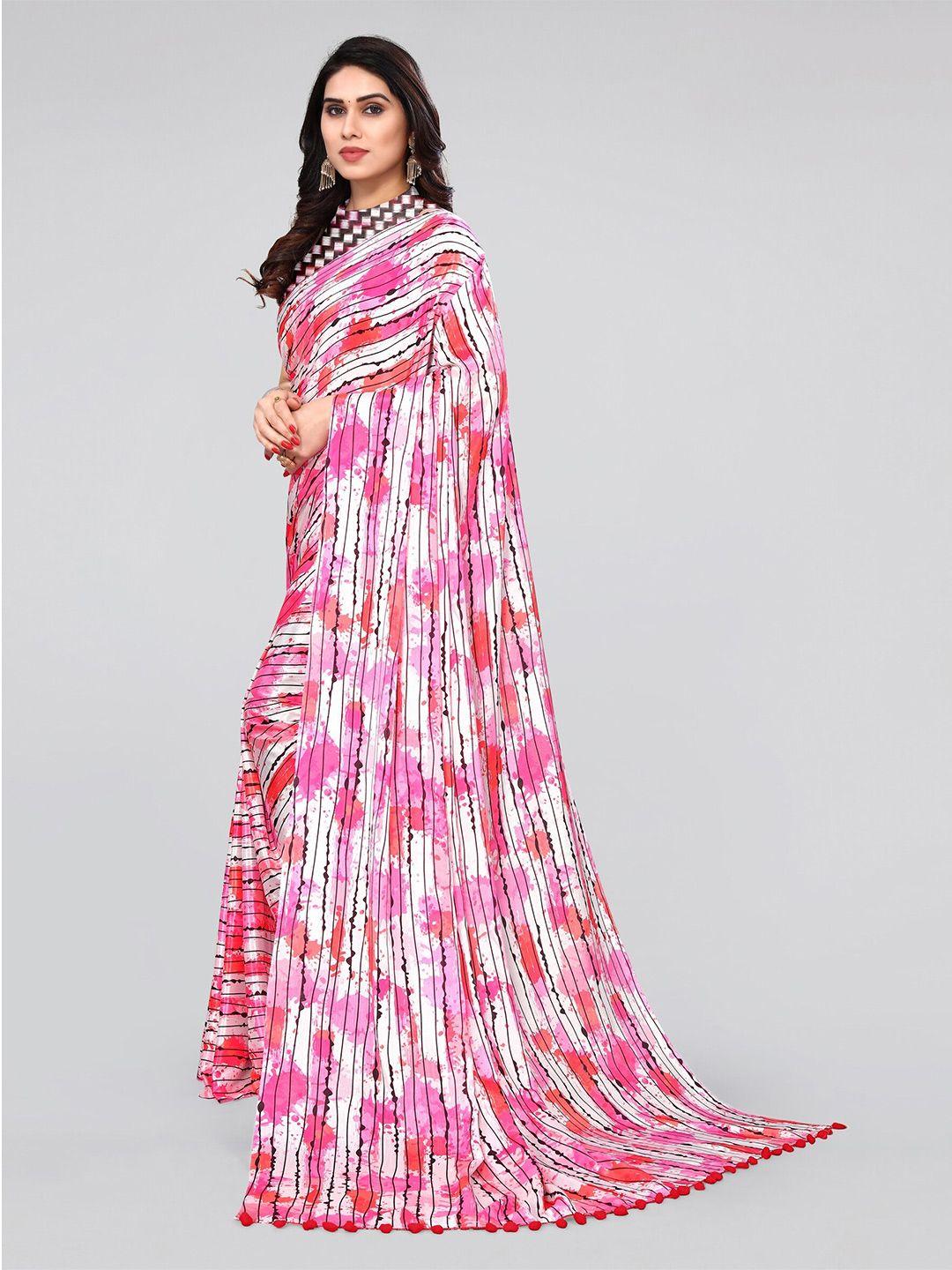 mirchi fashion off white & pink abstract printed satin saree