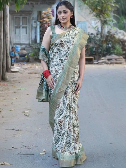 mirchi fashion off-white floral print saree with unstitched blouse