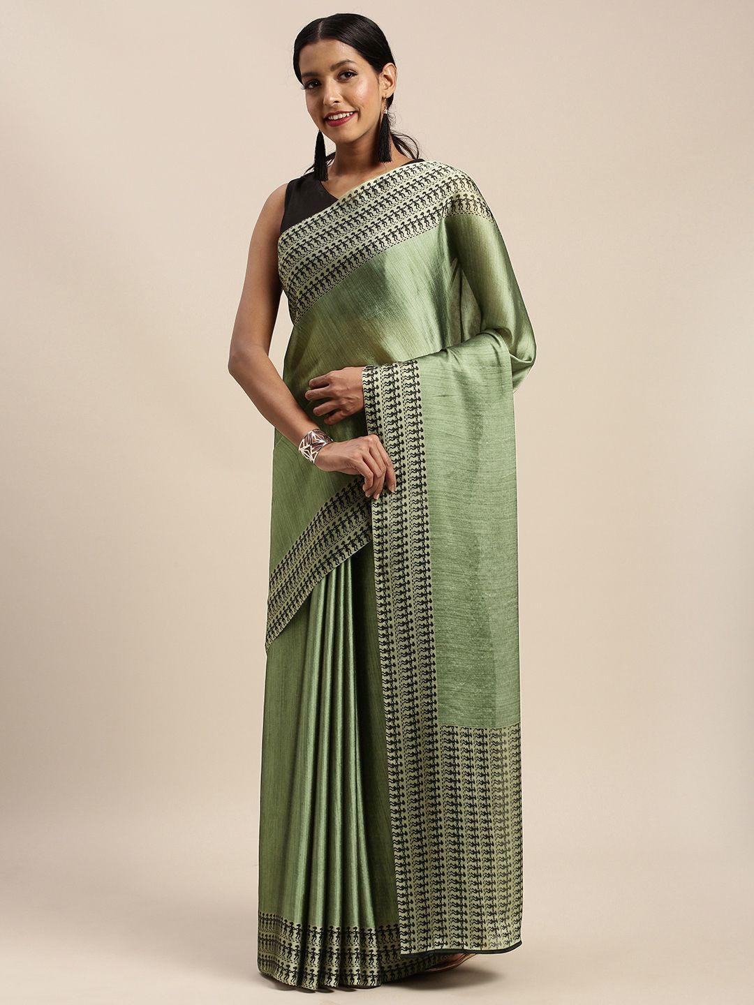 mirchi fashion olive green & black poly crepe solid saree