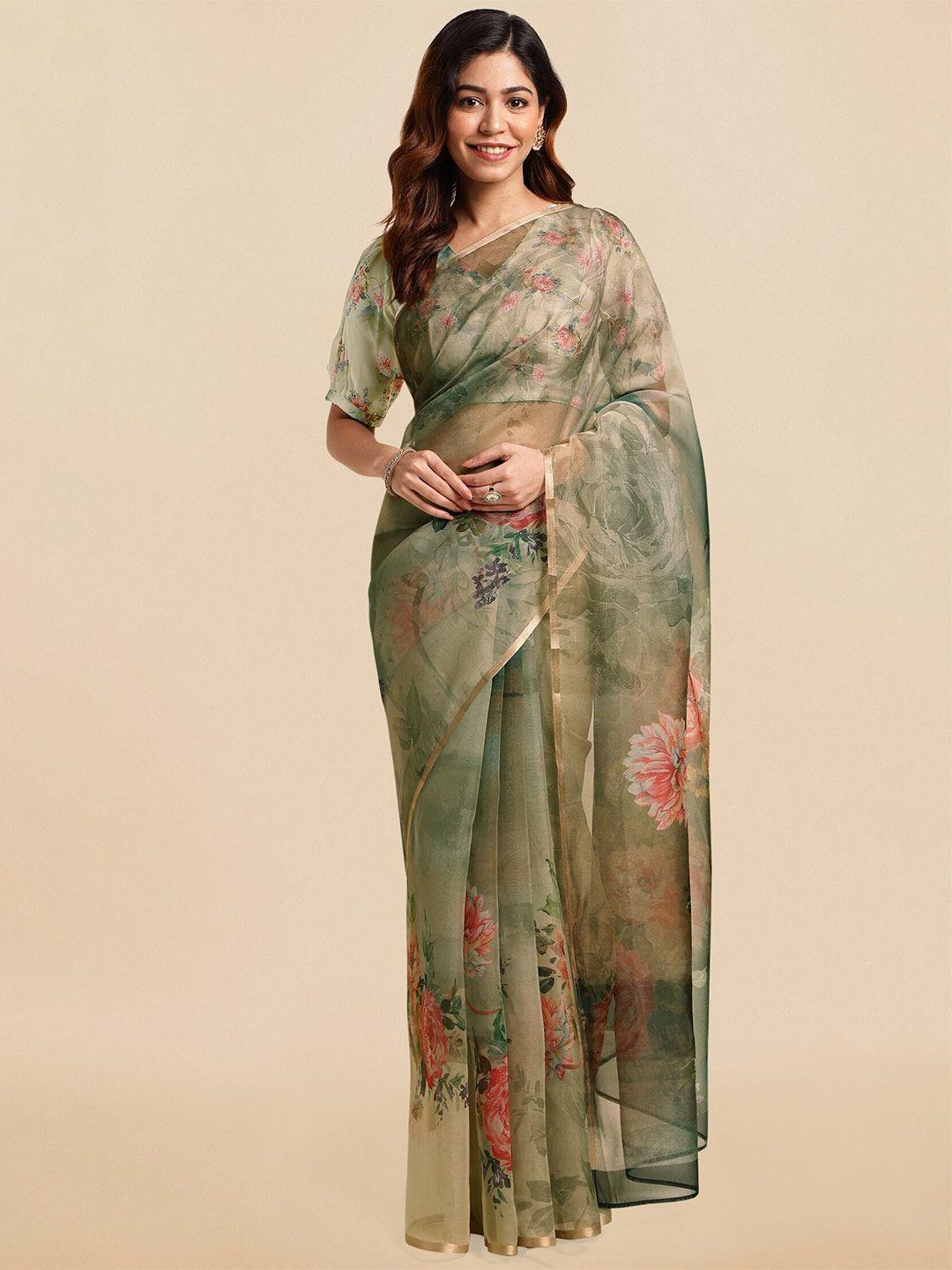 mirchi fashion olive green & peach-coloured floral printed zari organza saree