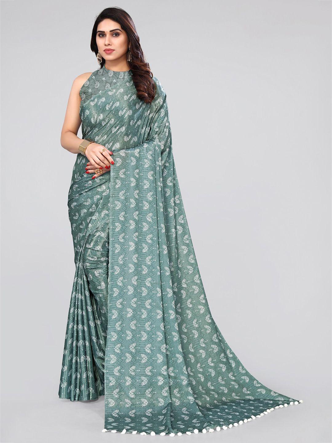 mirchi fashion olive green & white ethnic motifs printed satin saree