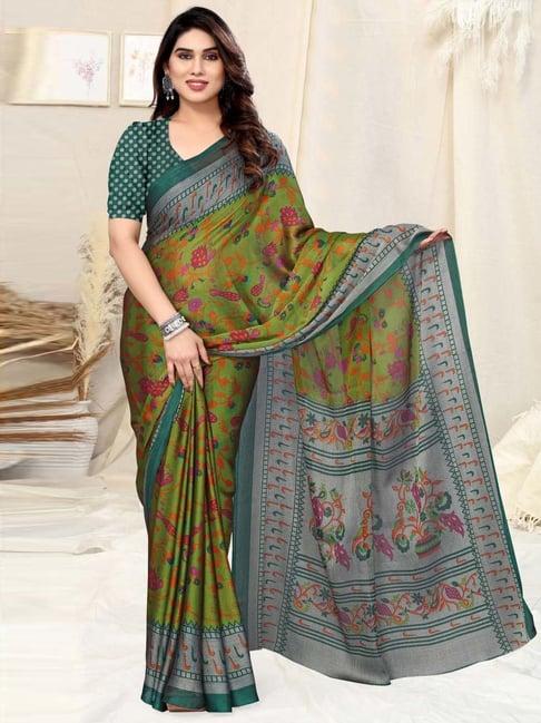 mirchi fashion olive green floral print saree with unstitched blouse