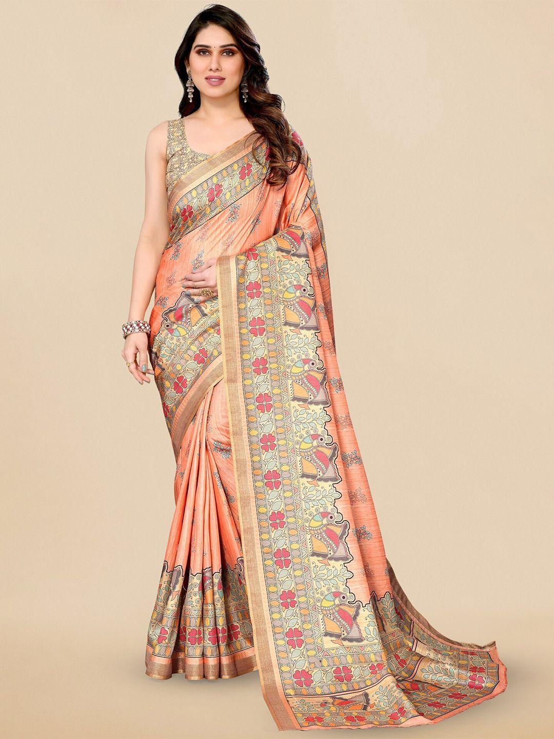 mirchi fashion orange & cream-coloured ethnic motifs printed kantha work saree