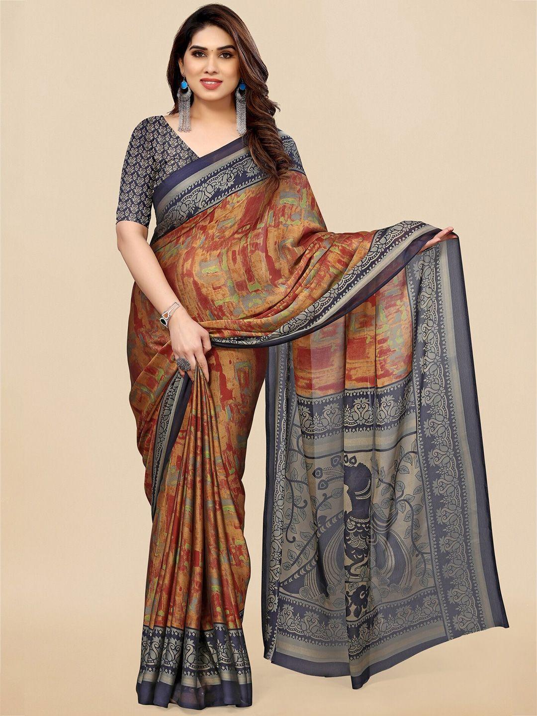 mirchi fashion orange & navy blue abstract printed saree