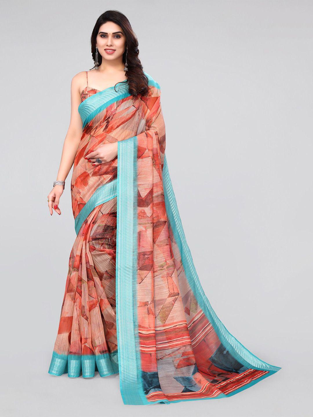 mirchi fashion orange & silver-toned geometric printed zari saree
