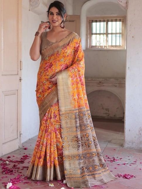 mirchi fashion orange floral print saree with unstitched blouse