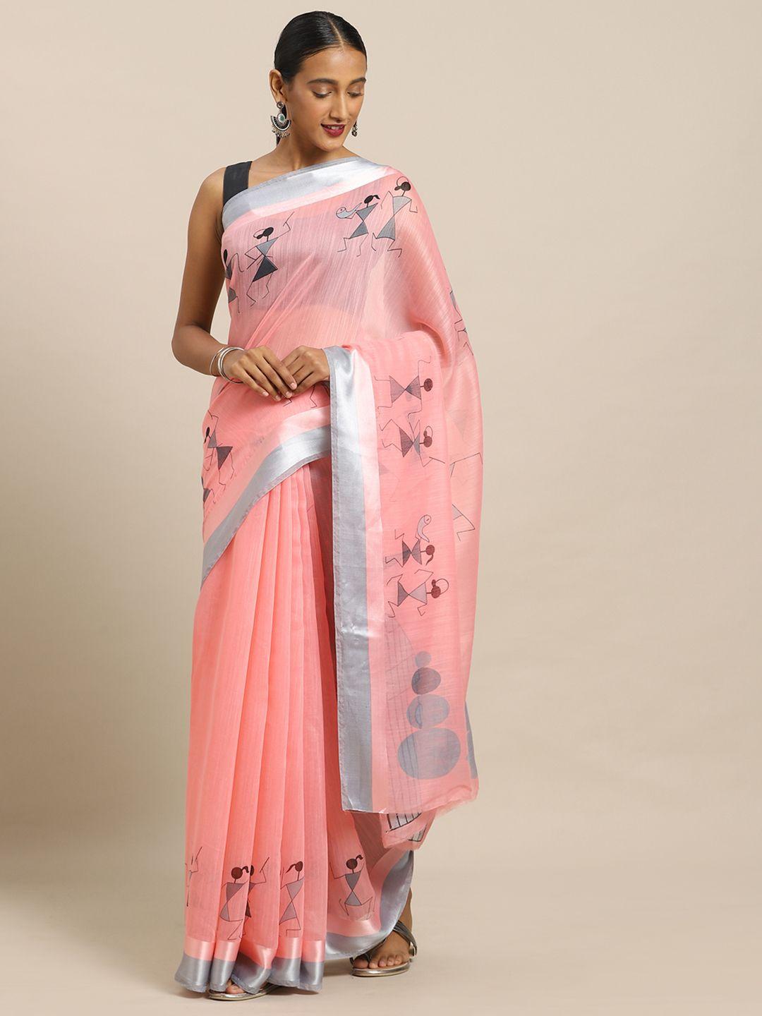 mirchi fashion peach-coloured & silver-toned polycotton woven design saree