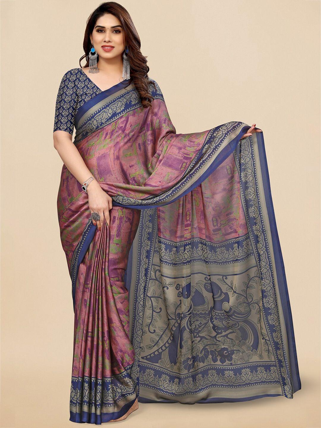 mirchi fashion pink & blue abstract printed saree