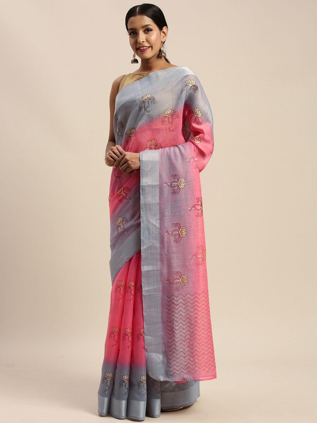 mirchi fashion pink & grey polycotton embellished saree