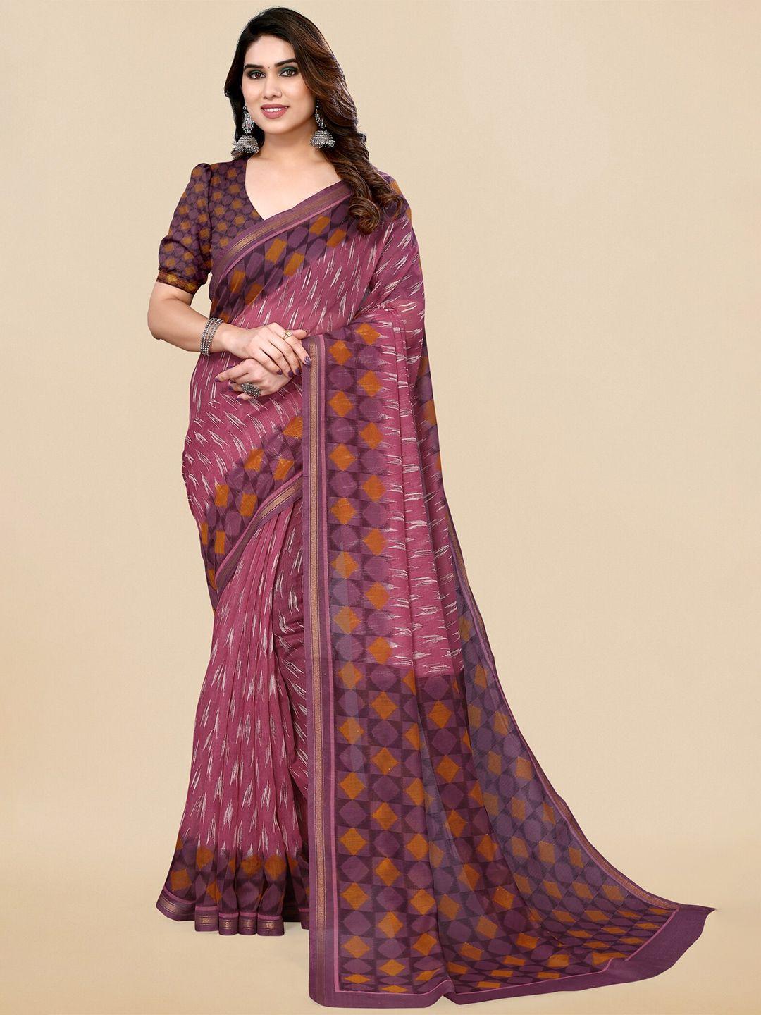 mirchi fashion pink & purple abstract printed block print saree