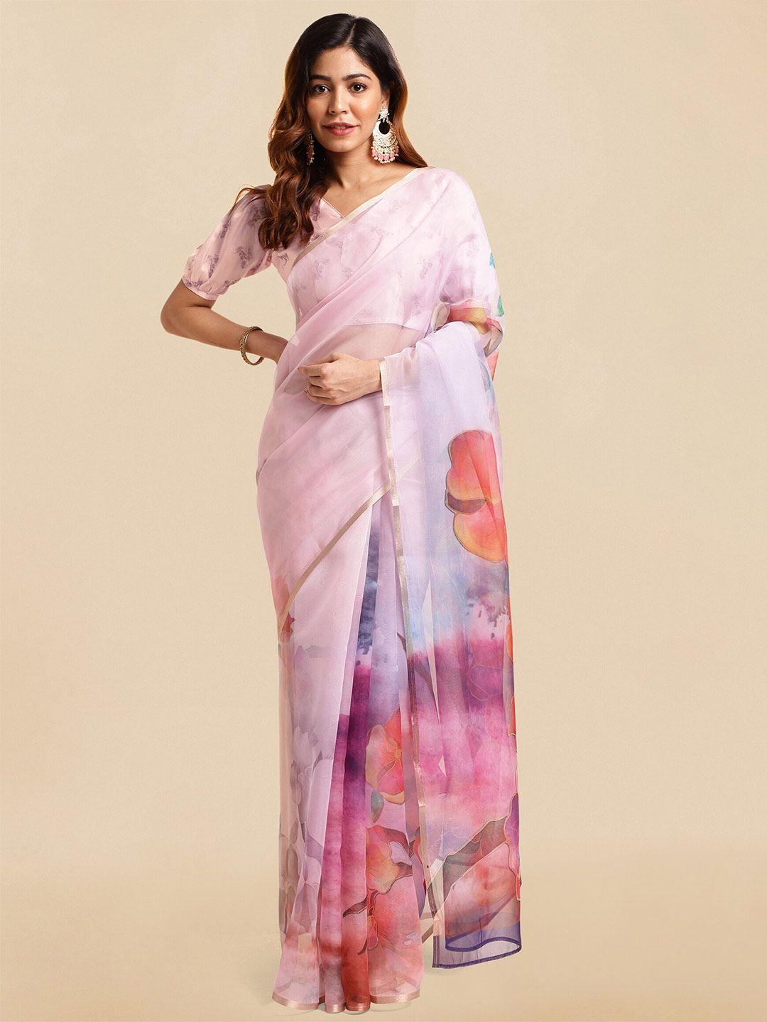 mirchi fashion pink & red floral printed zari organza saree