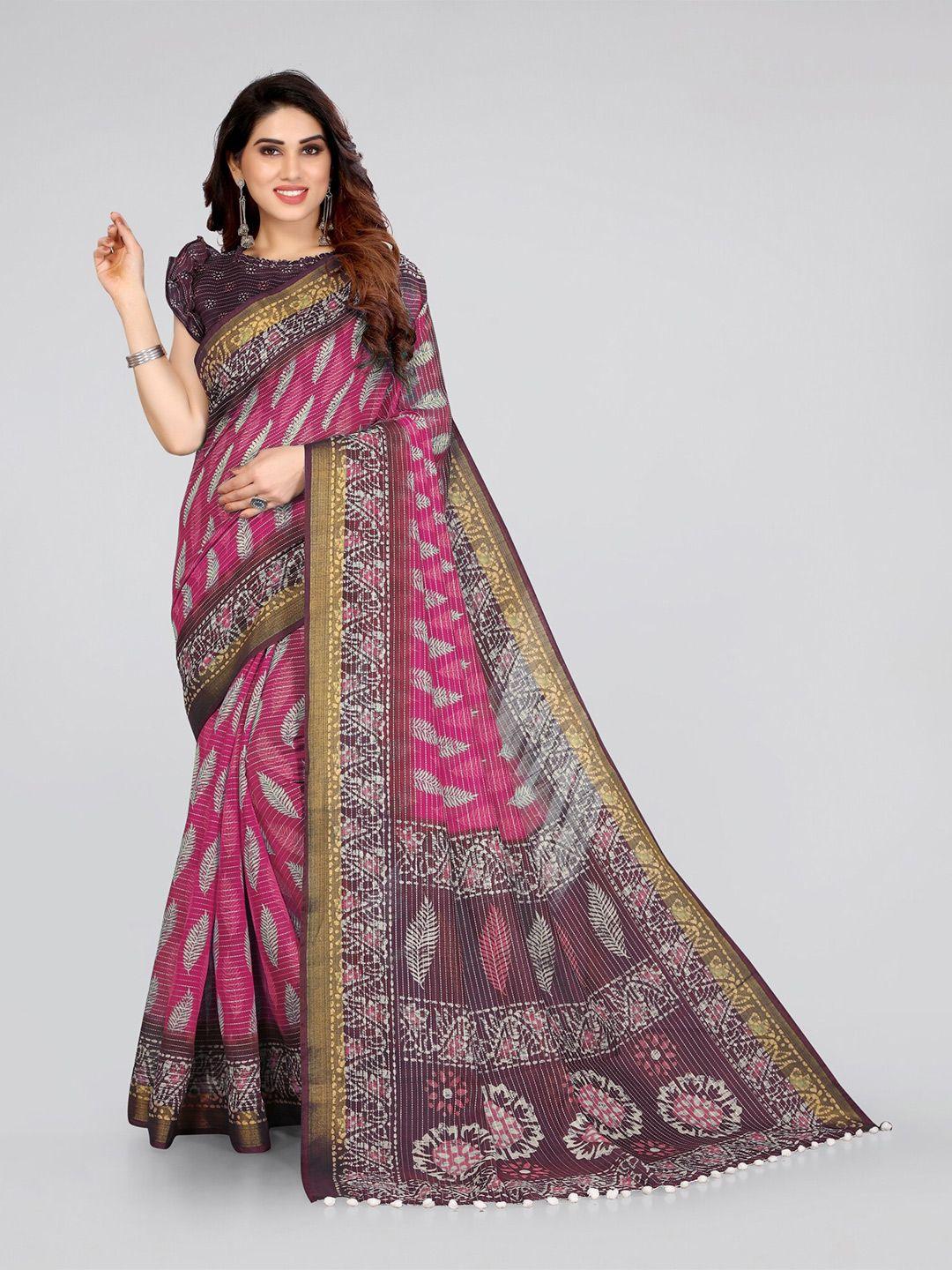 mirchi fashion pink & white batik zari saree