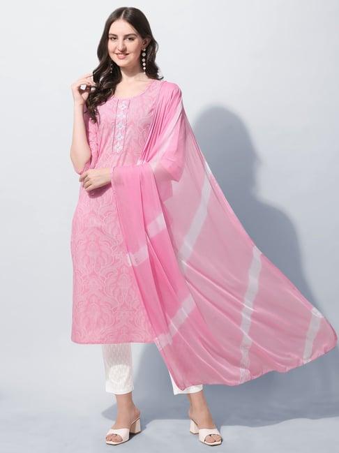 mirchi fashion pink & white cotton embroidered kurta pant set with dupatta