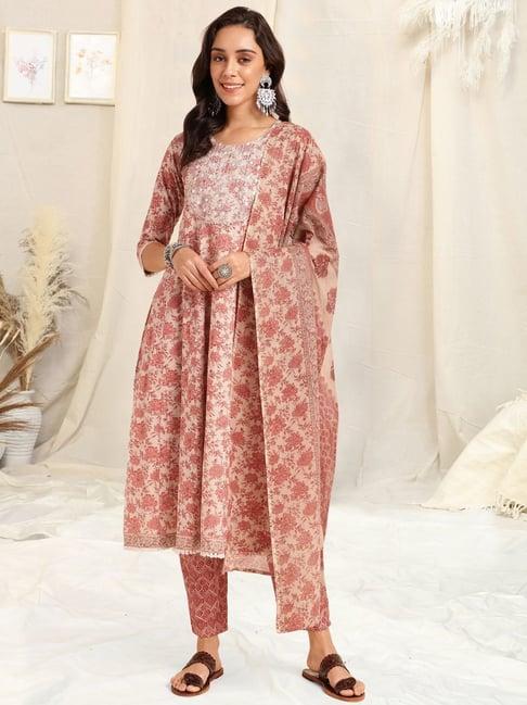 mirchi fashion pink cotton embroidered kurta pant set with dupatta