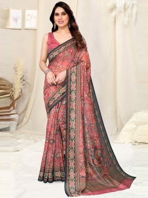 mirchi fashion pink cotton floral print saree with unstitched blouse