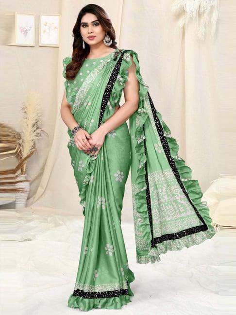 mirchi fashion pista green & white printed saree with unstitched blouse