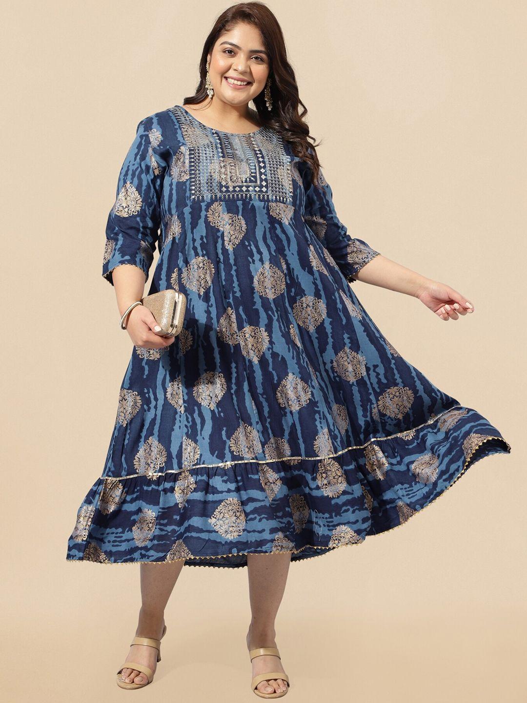 mirchi fashion plus size blue ethnic motifs printed embellished cotton empire ethnic dress