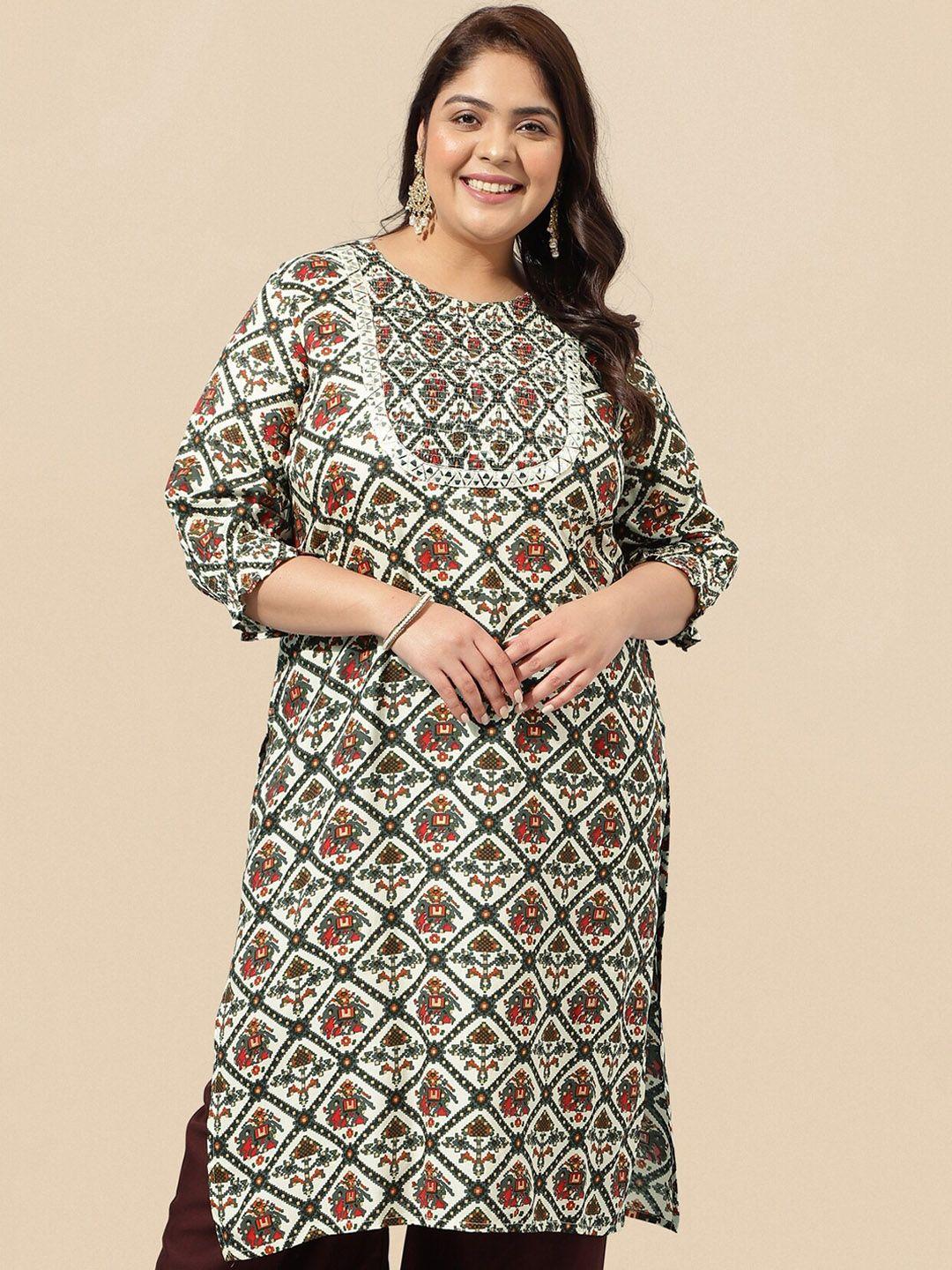 mirchi fashion plus size cream & grey ethnic motifs printed mirror work straight kurta