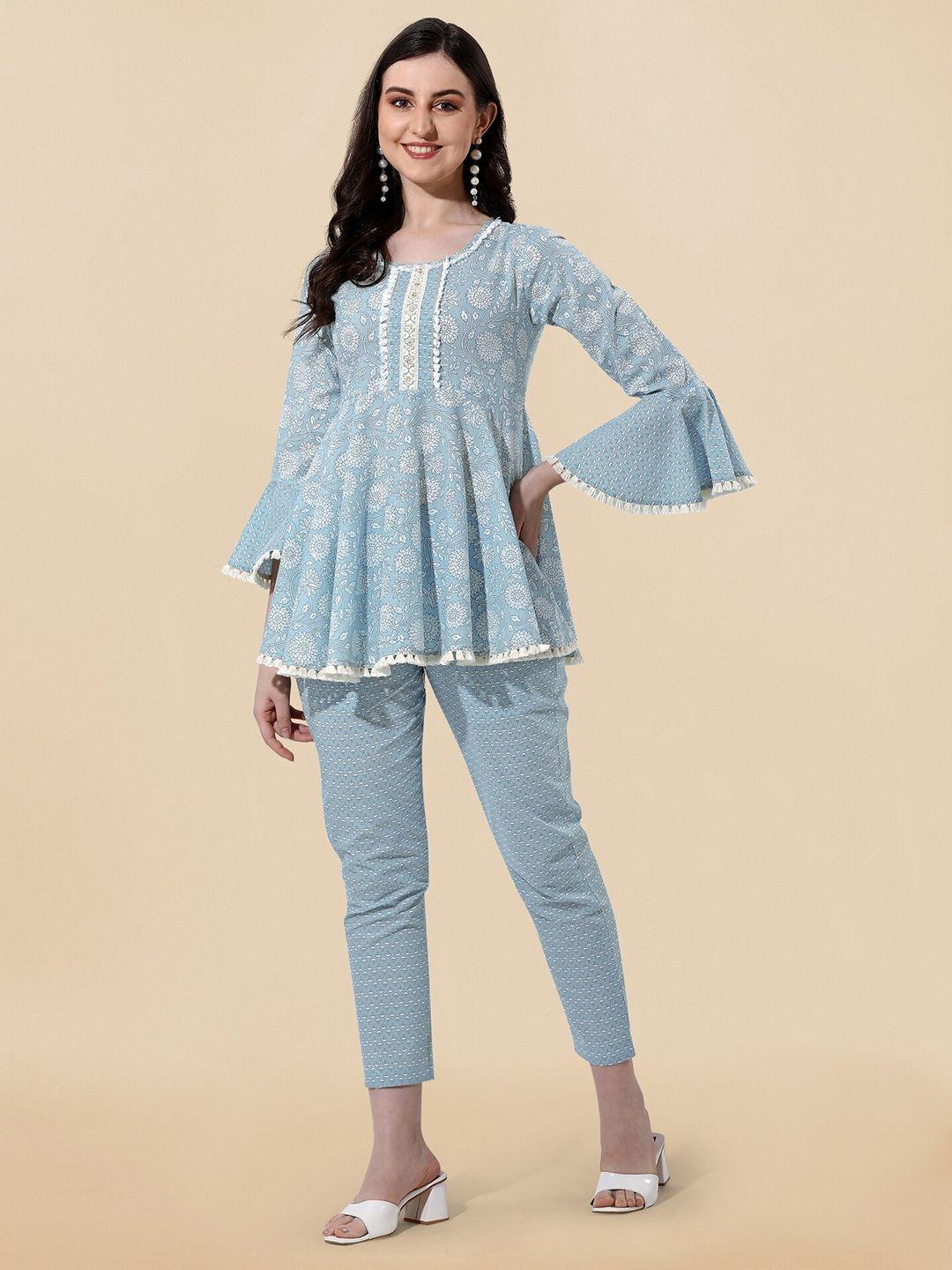 mirchi fashion printed bell sleeves pure cotton tunic with trousers