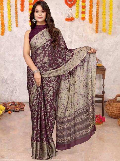 mirchi fashion purple & beige floral print saree with unstitched blouse