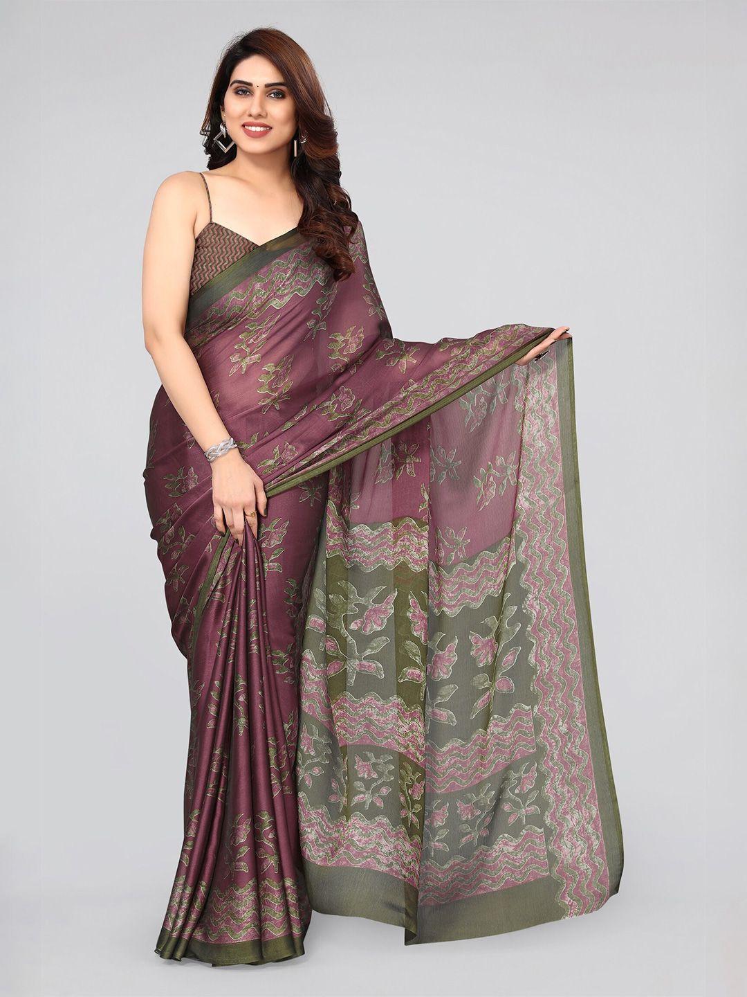 mirchi fashion purple & green floral block printed saree