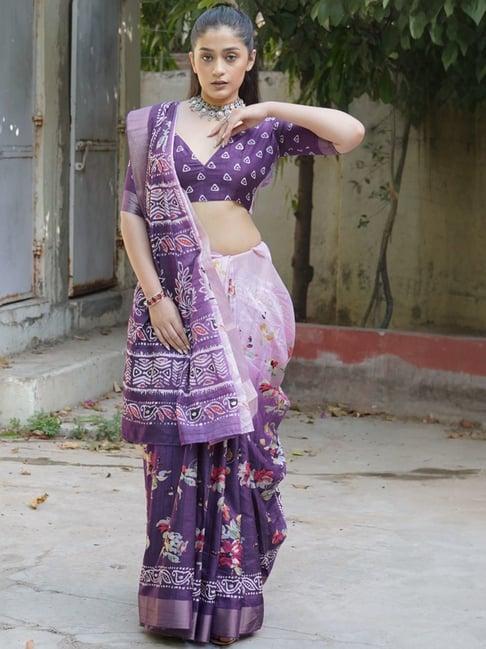 mirchi fashion purple & pink floral print saree with unstitched blouse