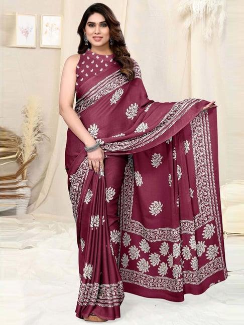 mirchi fashion purple & white floral print saree with unstitched blouse