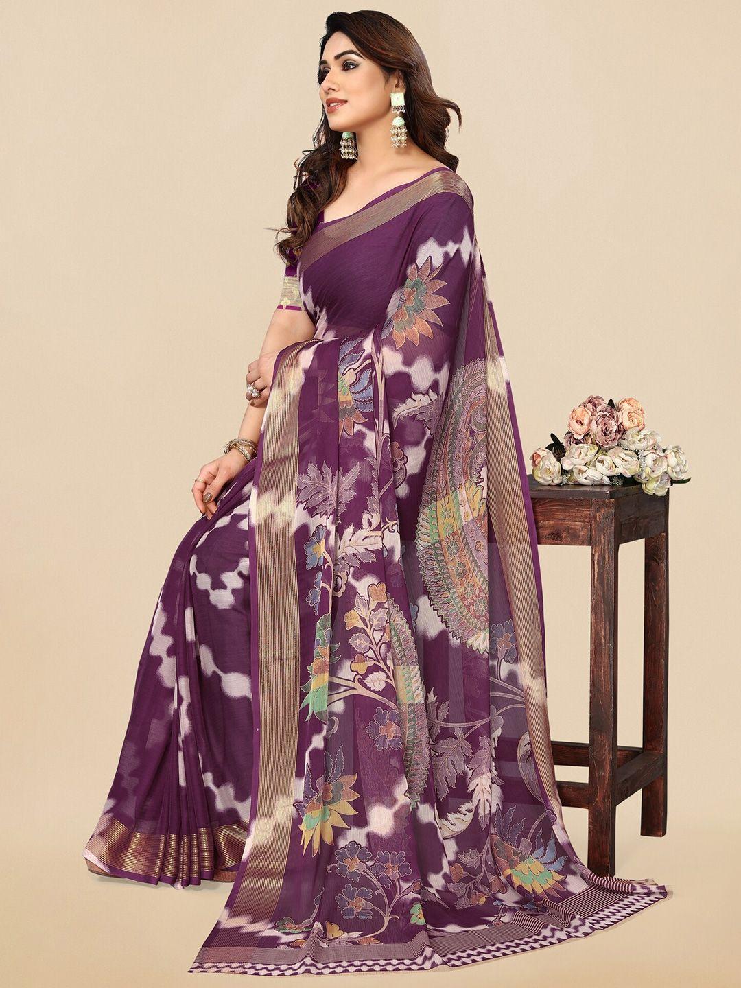 mirchi fashion purple & white floral zari saree