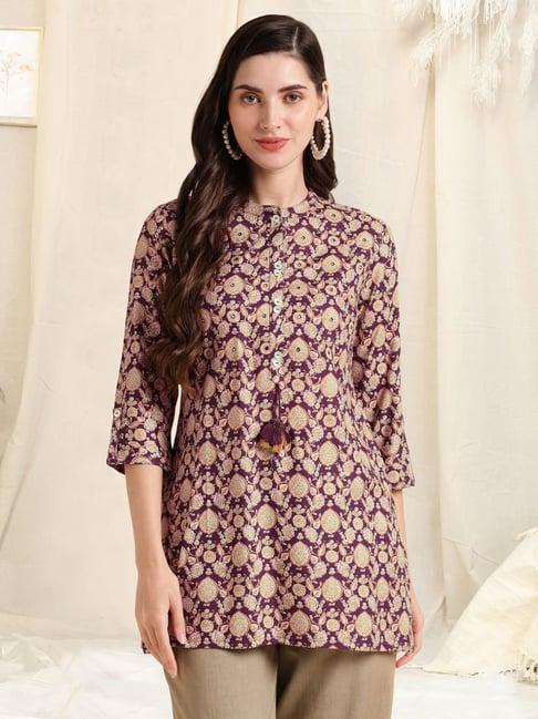 mirchi fashion purple cotton printed a line short kurti