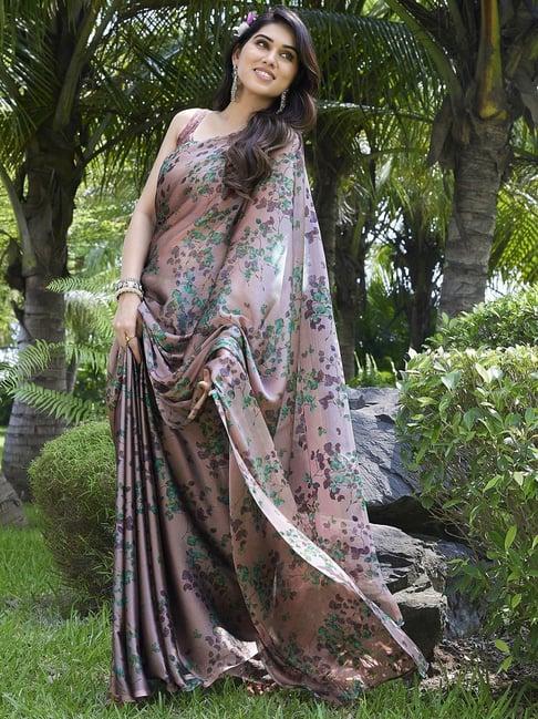 mirchi fashion purple floral print saree with unstitched blouse piece