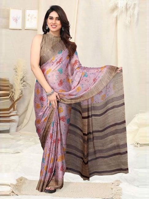 mirchi fashion purple floral print saree with unstitched blouse