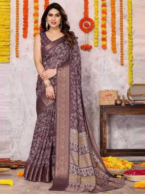 mirchi fashion purple floral print saree with unstitched blouse