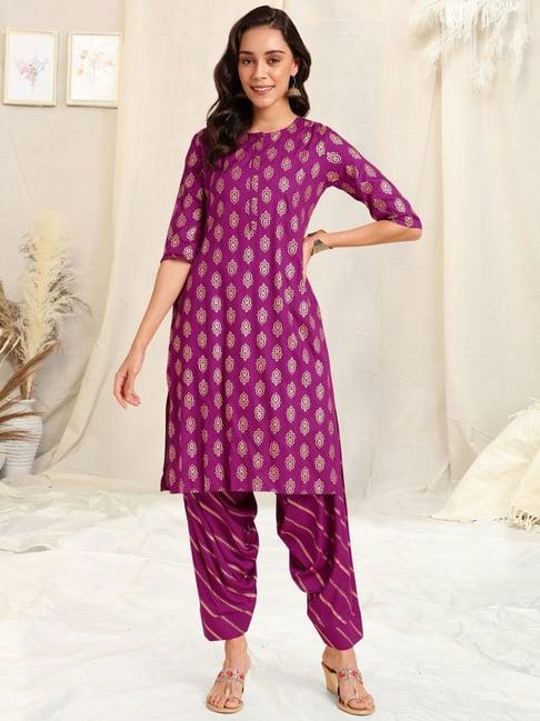 mirchi fashion purple printed kurta salwar set