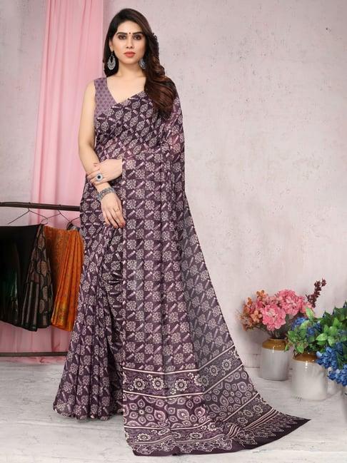 mirchi fashion purple printed saree with unstitched blouse