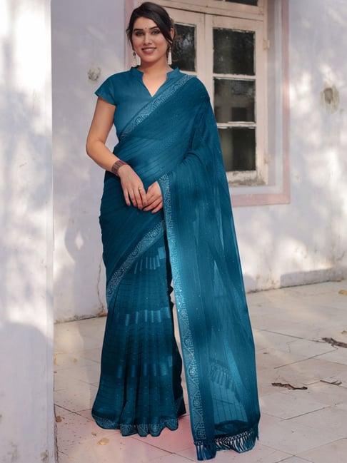 mirchi fashion rama blue striped saree with unstitched blouse