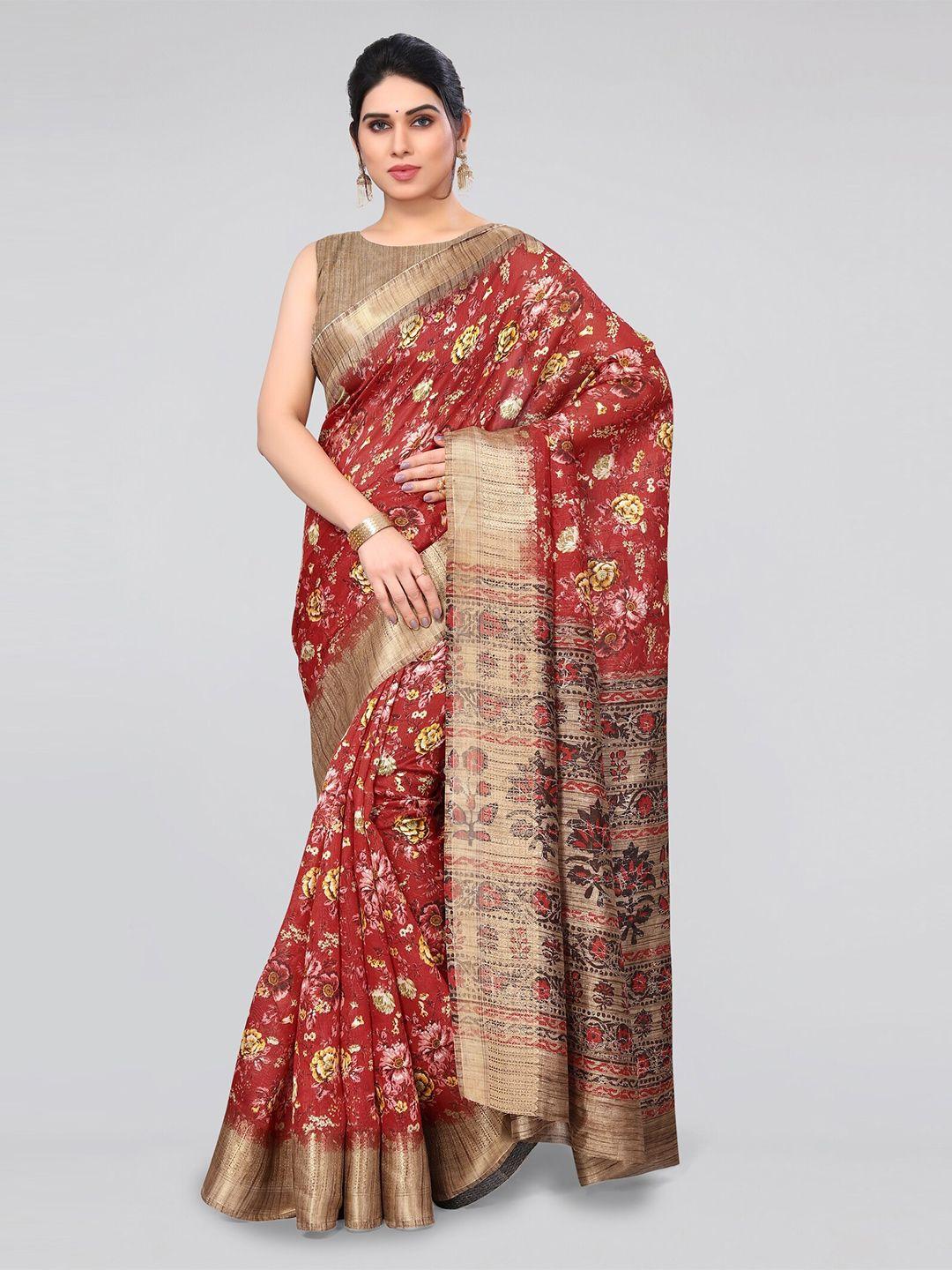 mirchi fashion red & brown floral printed zari saree
