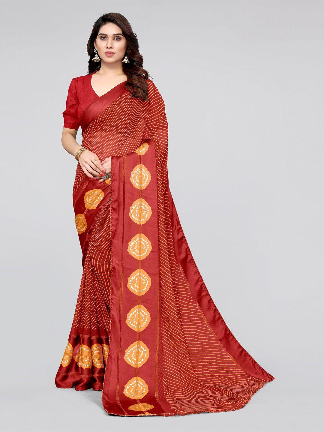 mirchi fashion red & mustard yellow printed leheriya saree