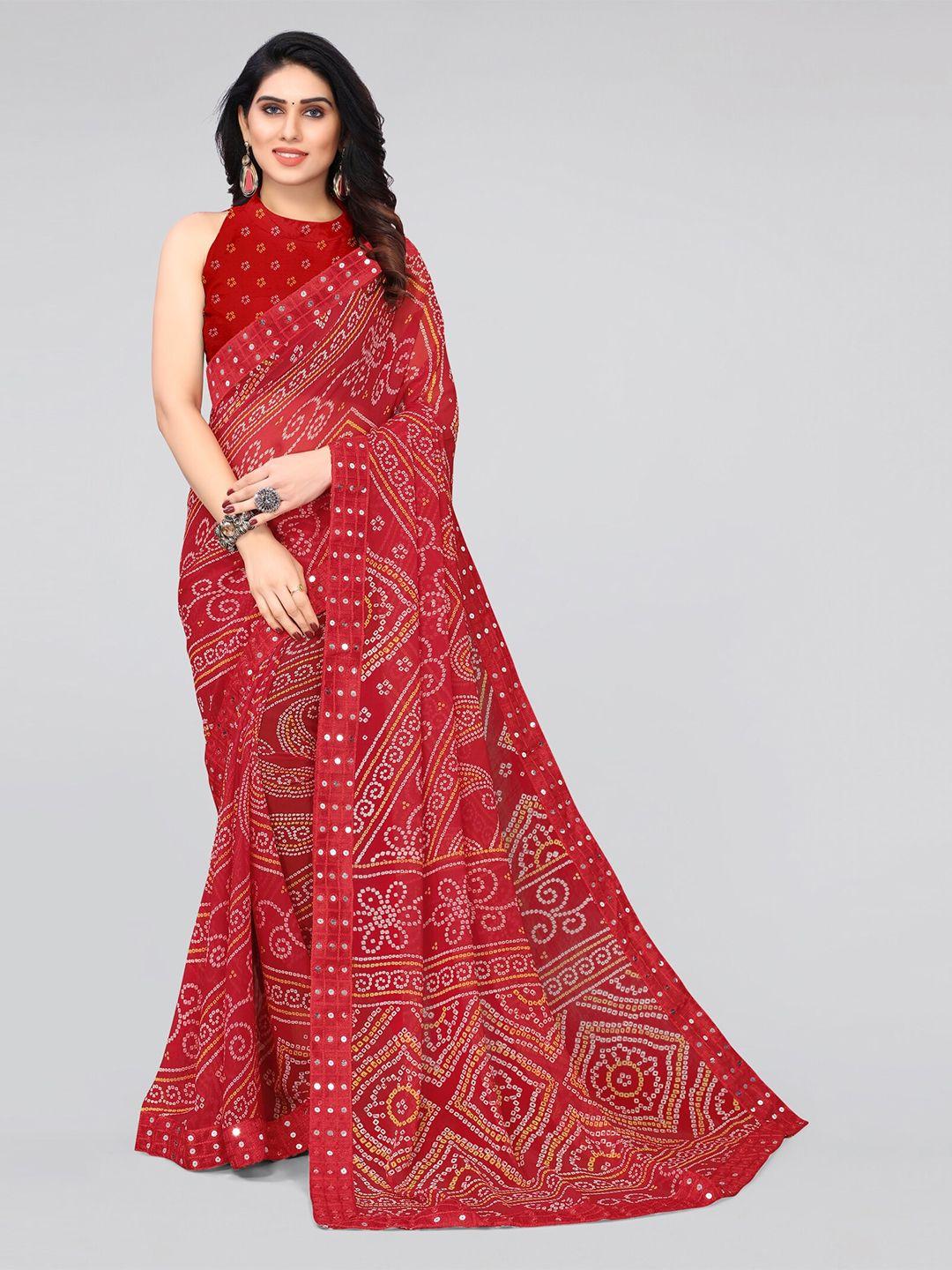 mirchi fashion red & white bandhani sequinned bandhani saree