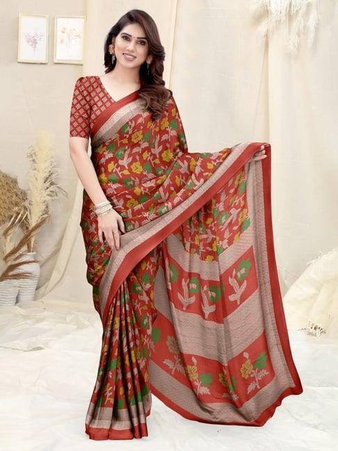 mirchi fashion red floral print saree with unstitched blouse piece