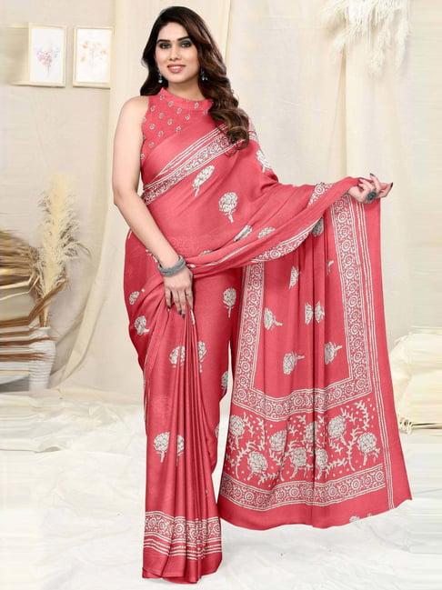 mirchi fashion red floral print saree with unstitched blouse