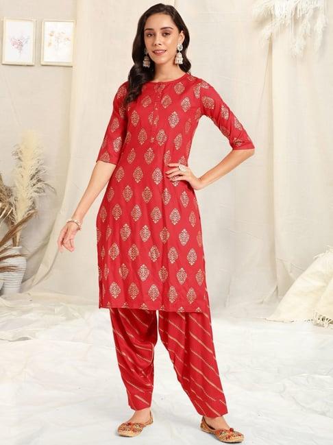 mirchi fashion red printed kurta salwar set