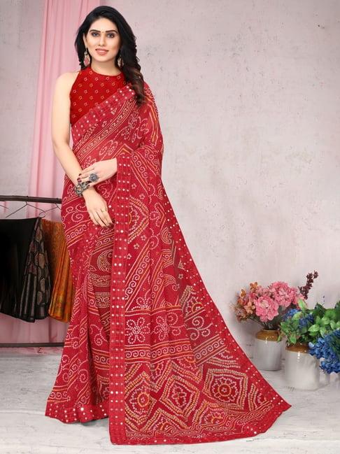 mirchi fashion red printed saree with unstitched blouse