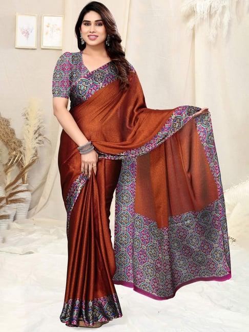 mirchi fashion rust printed saree with unstitched blouse