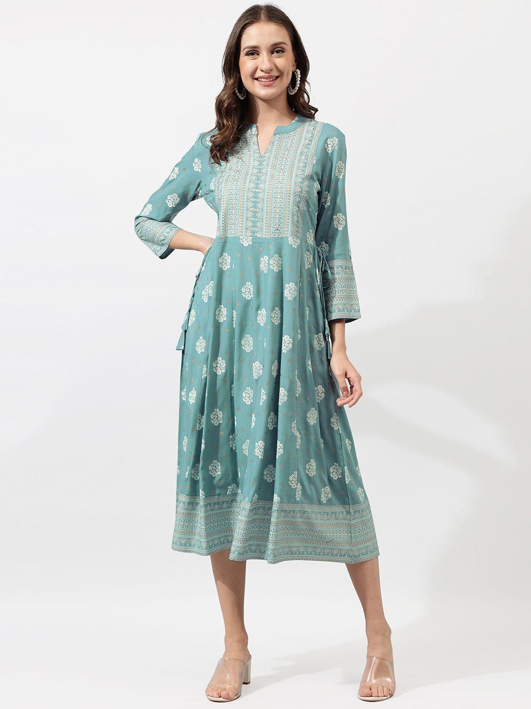 mirchi fashion sea green & white floral printed mandarin collar ethnic dress