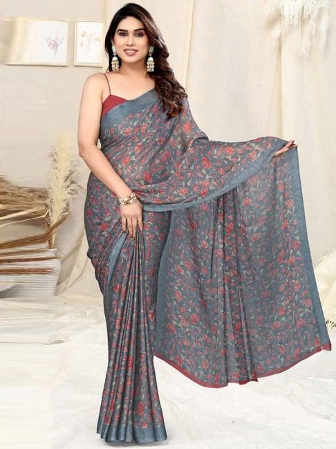 mirchi fashion slate grey floral print saree with unstitched blouse