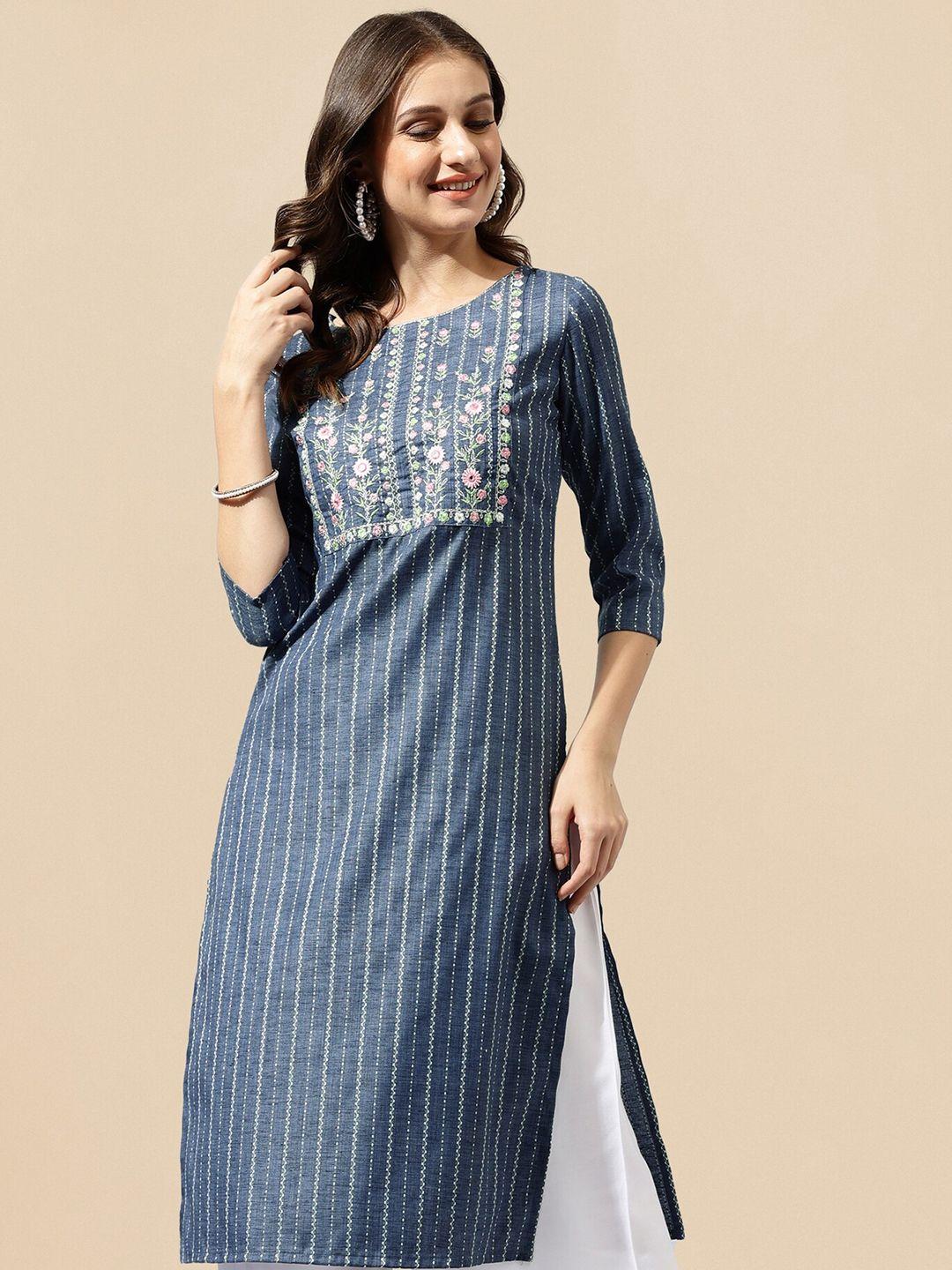 mirchi fashion striped thread work boat neck kurta