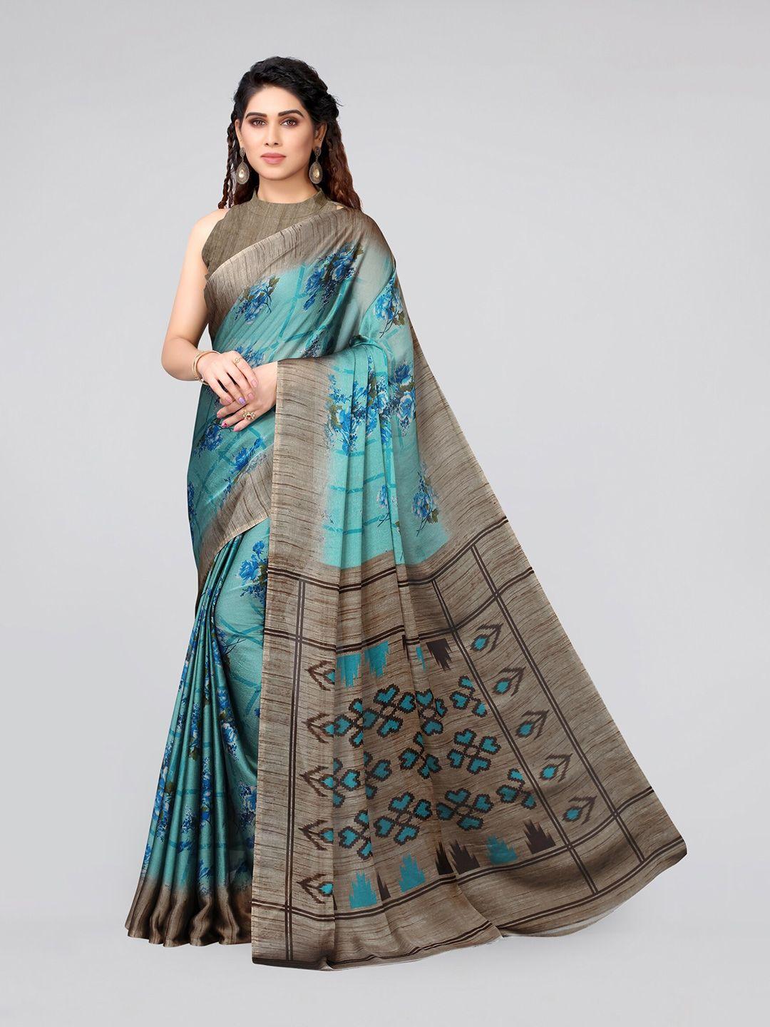 mirchi fashion teal & beige floral saree