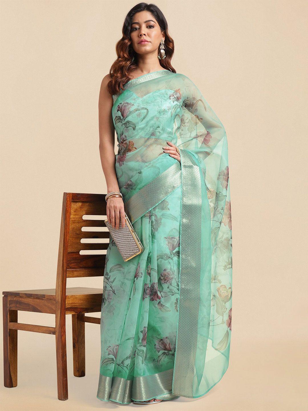 mirchi fashion teal & pink floral printed zari organza saree