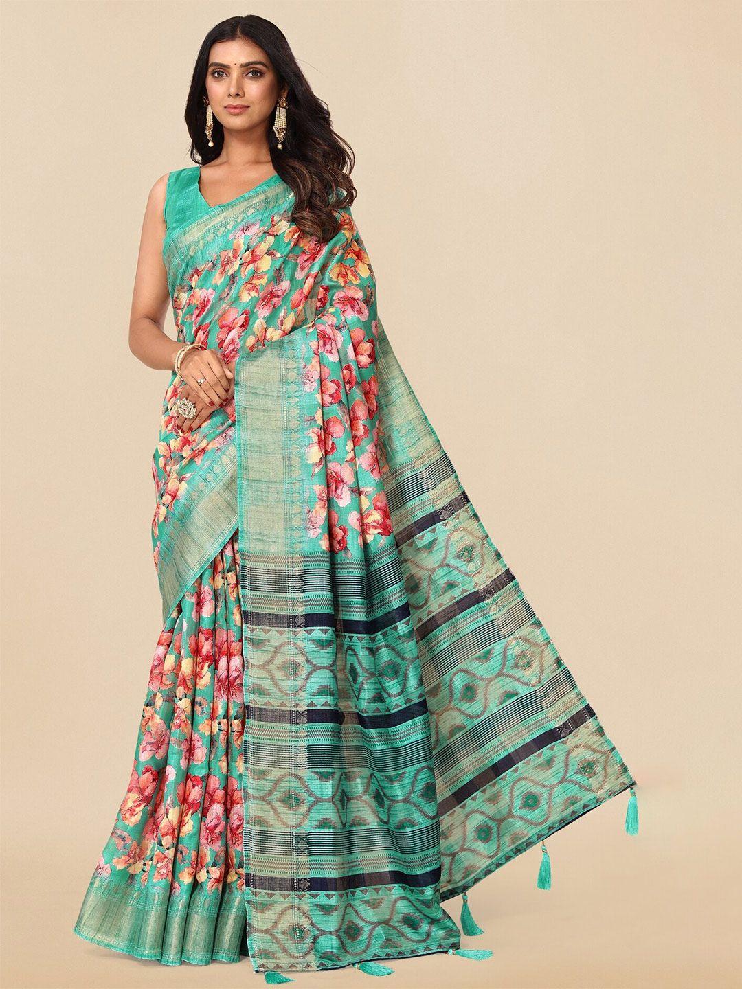 mirchi fashion teal & yellow floral printed zari saree