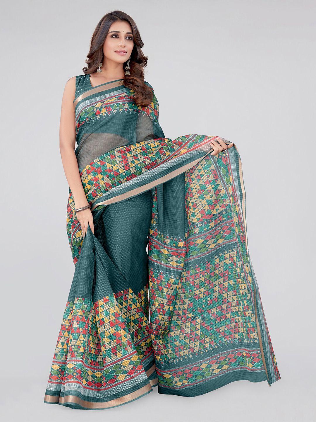 mirchi fashion teal & yellow geometric printed  zari saree